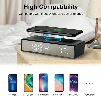 BXCLCK Digital Alarm Clock with Wireless Charging, 15W Fast Wireless Charger for Smart Phone, Night Time Mode, Adjustable Brightness, Snooze, 12/24H, LED Clock for Bedroom, Living Room, Office