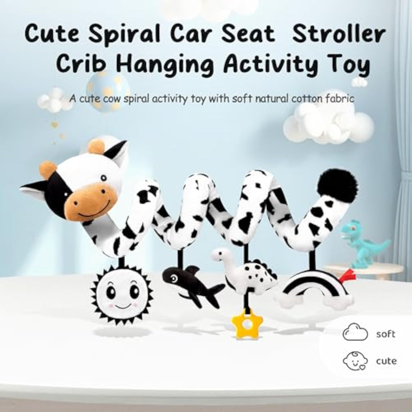 Spiral Car Seat Baby Toys 0-6 Months, Infant Carseat High Contrast Sensory Toys Hanging Stroller Accessories, Newborn Shower Gifts for Baby Boys Essentials Stuff, Cute Black and White Cow - New
