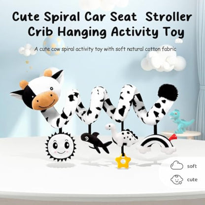 Spiral Car Seat Baby Toys 0-6 Months, Infant Carseat High Contrast Sensory Toys Hanging Stroller Accessories, Newborn Shower Gifts for Baby Boys Essentials Stuff, Cute Black and White Cow - New
