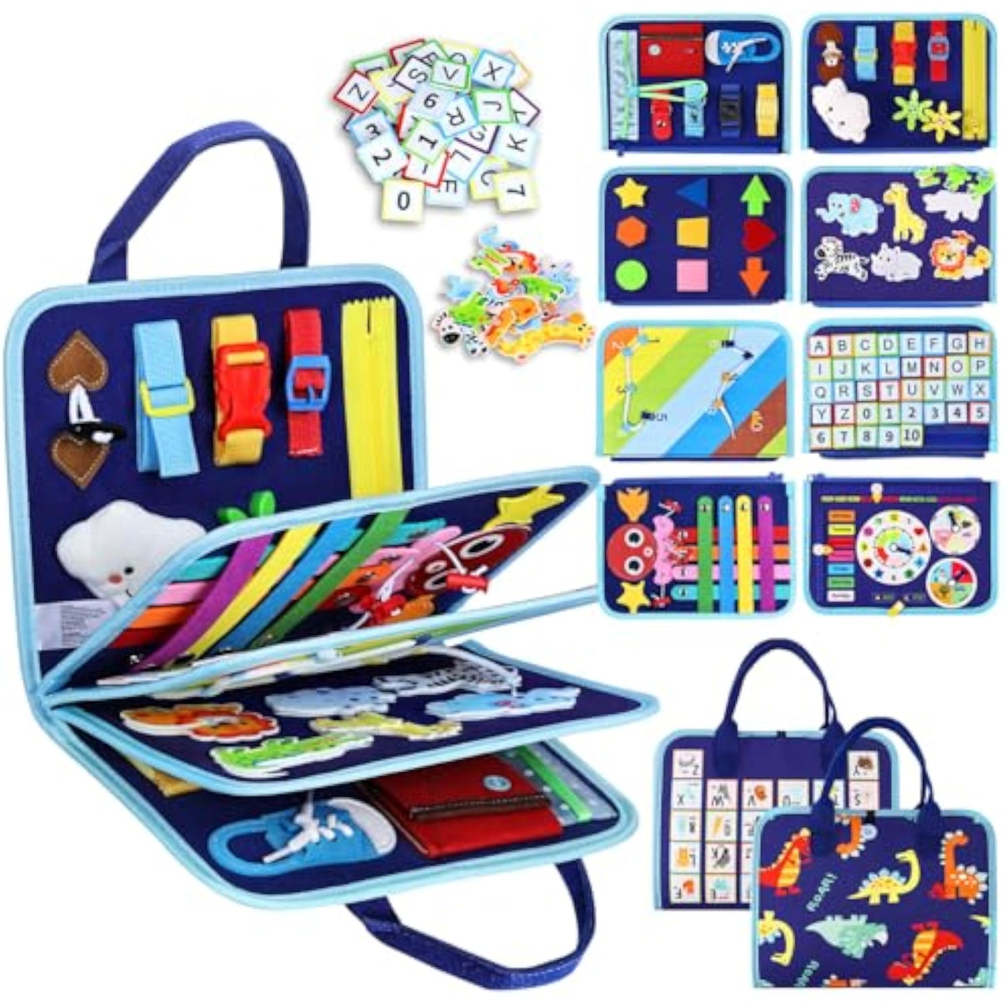 Esjay Toddler Busy Board Montessori Toys for Boys, Sensory Book Educational Activities for Learning Fine Motor Skills, Birthday Gifts for Boys Toddlers, Travel Toys for Airplane Car, Blue Dinosaur - New