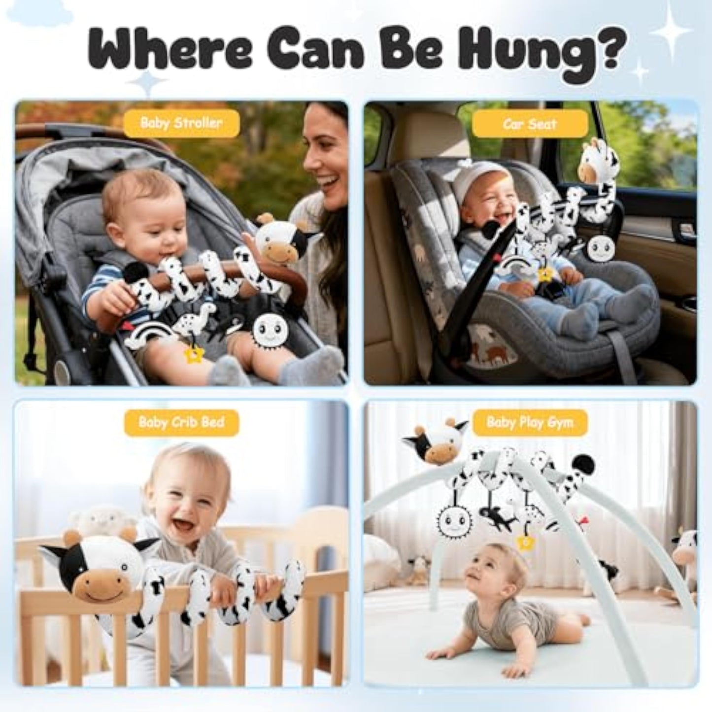 Spiral Car Seat Baby Toys 0-6 Months, Infant Carseat High Contrast Sensory Toys Hanging Stroller Accessories, Newborn Shower Gifts for Baby Boys Essentials Stuff, Cute Black and White Cow - New
