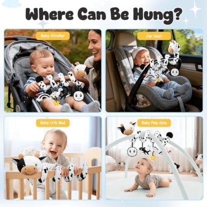 Spiral Car Seat Baby Toys 0-6 Months, Infant Carseat High Contrast Sensory Toys Hanging Stroller Accessories, Newborn Shower Gifts for Baby Boys Essentials Stuff, Cute Black and White Cow - New
