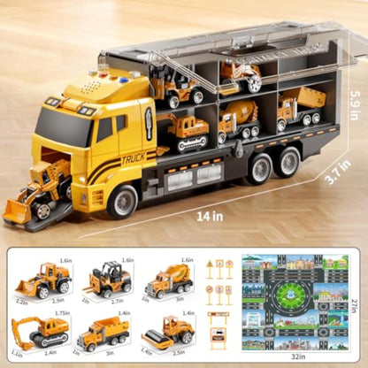 NIPLOOOW Toddler Boys Construction Truck Vehicle Toy Set with Play Mat and Die-Cast Toy Car, Transport Carrier Truck for Kids 3-5, Birthday Gifts Toys for 3-8 Year Old Boys - New