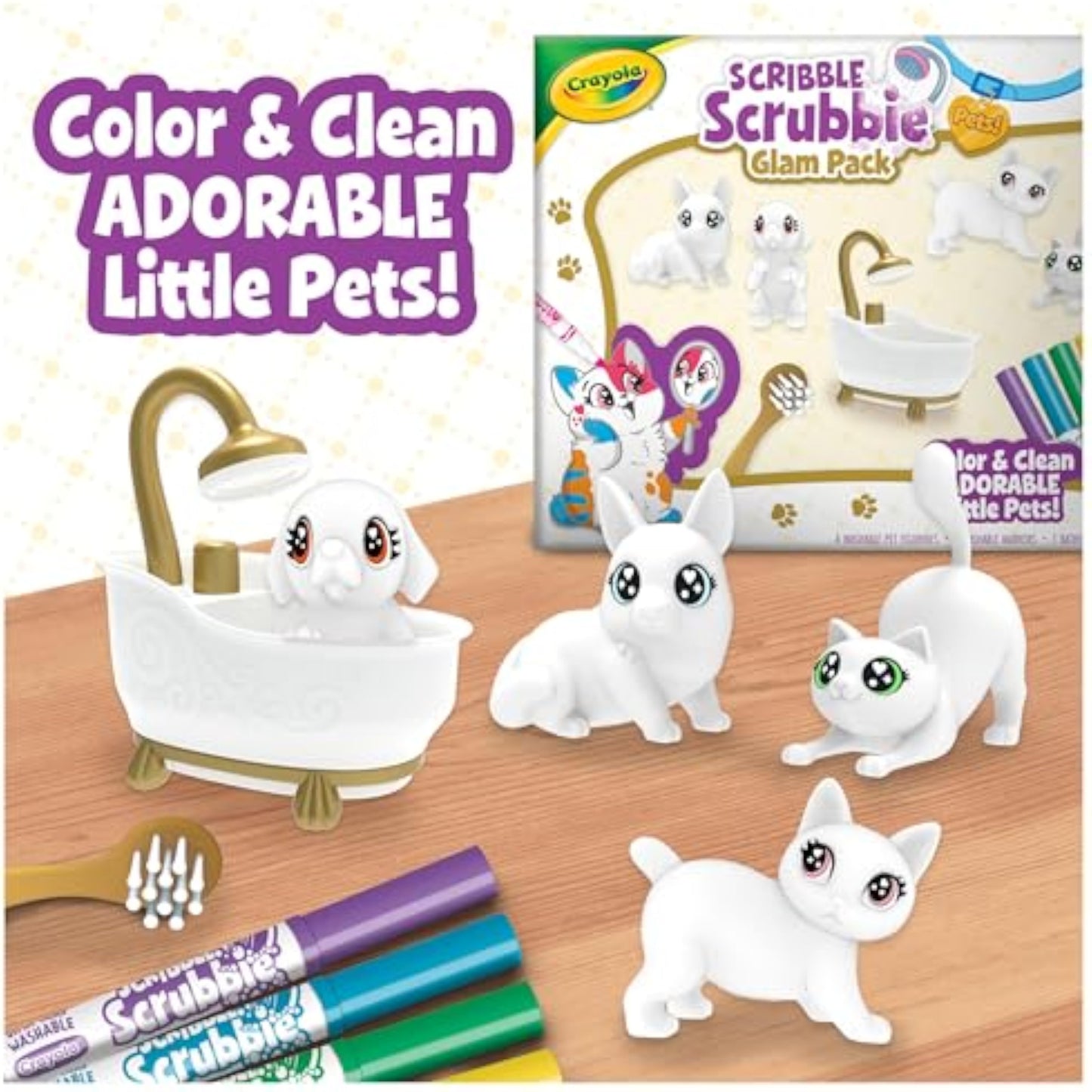 Crayola Scribble Scrubbies Glam Pack (4 Pets), Washable Pet Care Toy & Coloring Animal Craft Kit, Gift for Kids, Playset for Girls & Boys, Ages 3+ - New