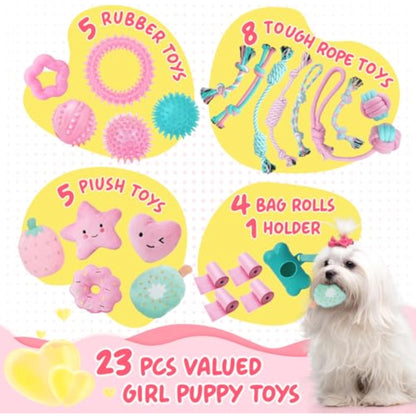 XIUGOAL Pink Puppy Toys for Boredom - 23 Pack Puppy Chew Toys for Teething, Interactive Dog Toys for Puppies, Cute Small Dog Toys with Treat Ball, Squeaky Dog Chew Toys and Ropes - New