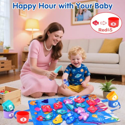 Arovan Montessori Toys for 1 Year Old - Cloth Fishing Game with Stacking Cups Toddler Toys for One Year Old Boy Girl First Birthday Gift - Sorting Learning Baby Toy 12-18 Months 1 2 Year Old - New