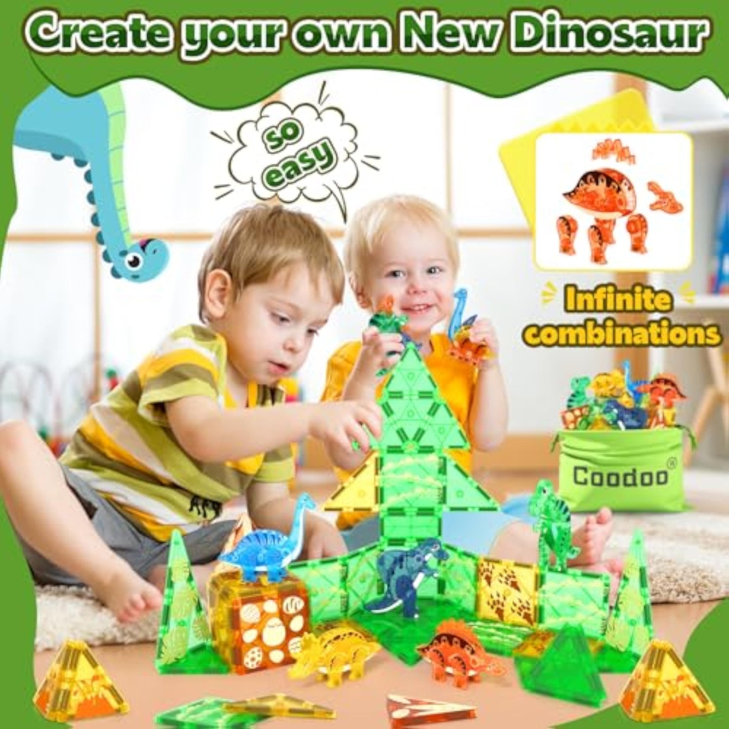 Coodoo Dinosaur Toys Magnetic Tiles 3D Movable Dinos for Kids 3-5 5-7 Toddler Outdoor Sensory Toys, STEM Educational Magnetic Blocks for 3+ Years Old Boys Girls Kids Toy - New