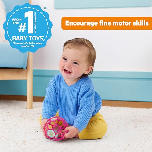 Bright Starts Oball Easy-Grasp Baby Rattle Ball, Pink, Ages Newborn and Up, 4 Inches - New