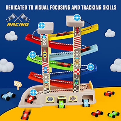 Montessori Toys for 2 3 Year Old Boys Toddlers, Car Ramp Toys with 6 Cars & Race Tracks, Garages and Parking Lots, Ramp Racer Toy Gift for Boys Girls Age 18 Months and Up, Multicolor - New