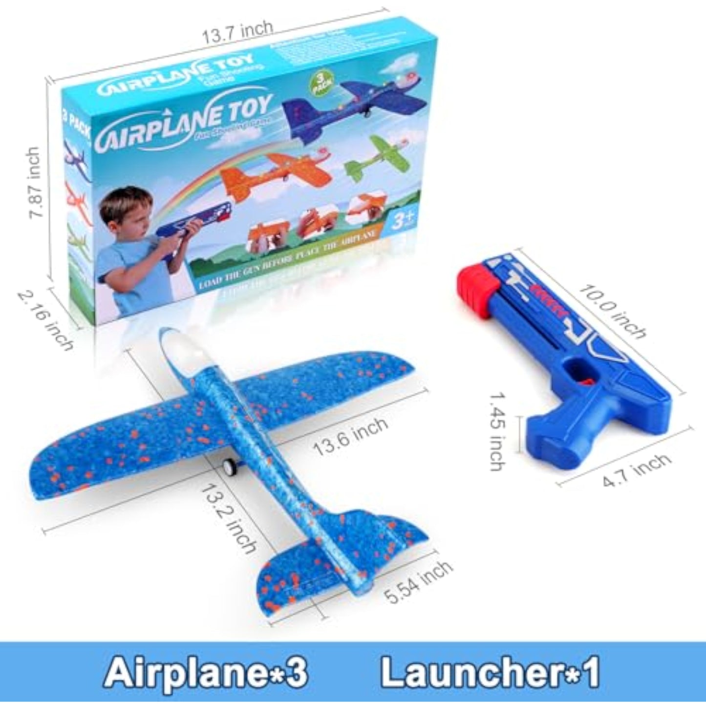Fuwidvia 3 Pack Airplane Launcher Toys, 13.2'' LED Foam Glider Plane Toy for Boys, 2 Flight Modes Outdoor Flying Toys Birthday Gifts for Boys Girls 4 5 6 7 8 9 10 11 12 Year Old (Blue&Green&Orange) - New