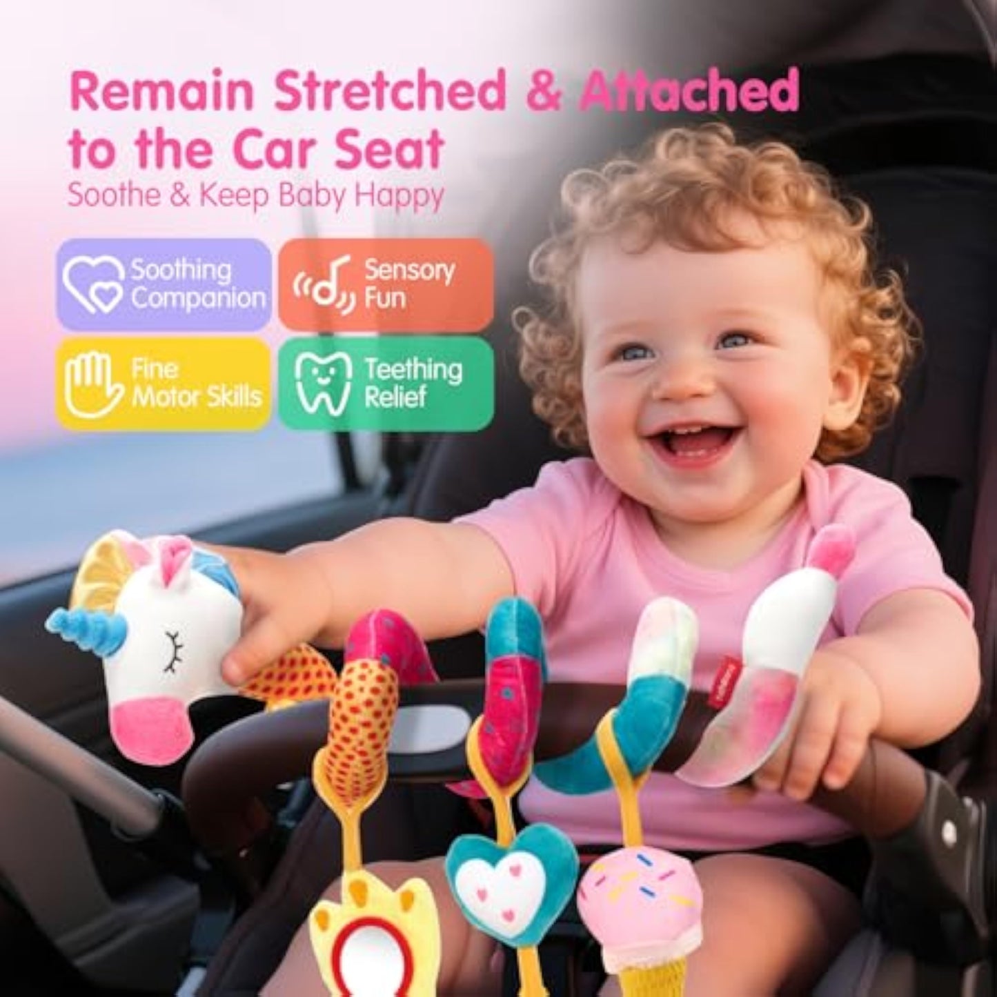 hahaland Car Seat Toys for Babies 0-6 Months Girl - Baby Toys 3-6 Months - Rattle, Mirror, Crinkle, Squeaky Carseat Stroller Toy 0-6 Months Developmental Newborn Baby Girl Birthday Gifts - New