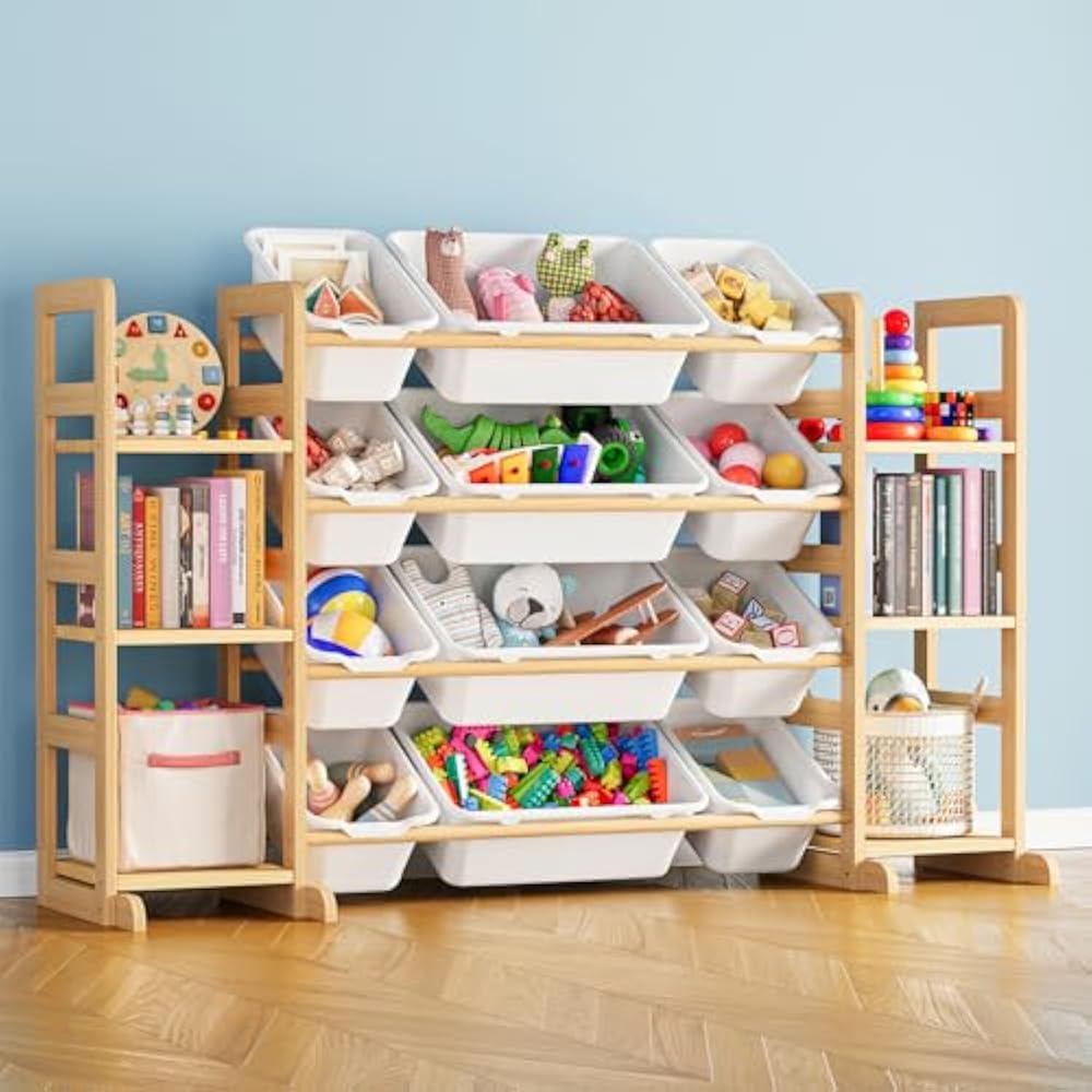 SpaceAid Toy Storage Organizer with 6 Shelves and 12 Bins, Bookshelf/Bookcase, Kids Bin Shelf, Toys Box for Playroom Organization for Bedroom & Room Decor, White, 52.3" W - New