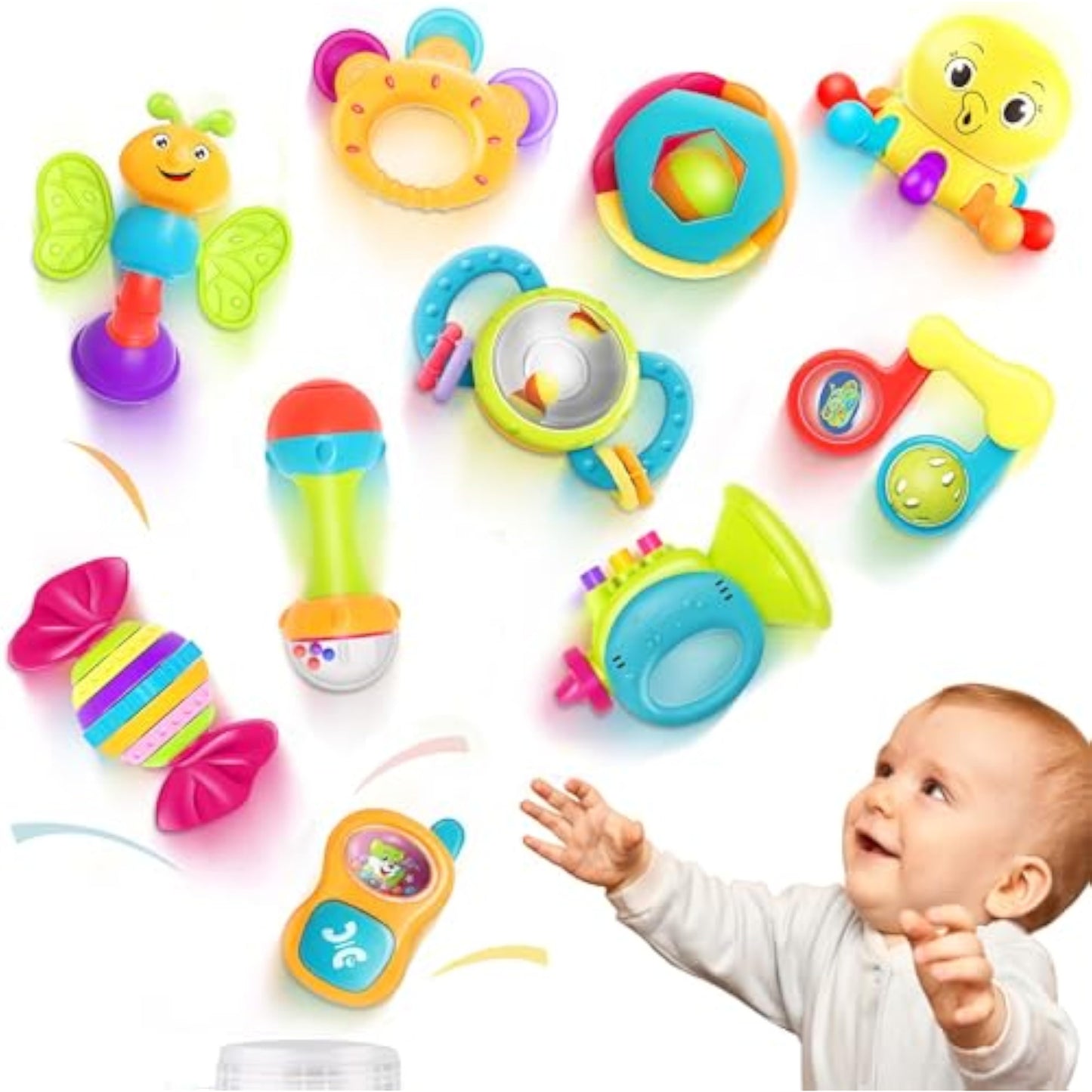 iPlay, iLearn 10pcs Baby Rattles Toys Set, Infant Grab Shake Rattle, Easy Hold Sensory Teether, Babies Development Learning Music Toy, Newborn Shower Birthday Gift 1 2 3 4 5 6 7 9 10 12 Month Boy Girl - New