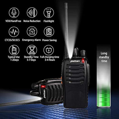 pxton Walkie Talkies Long Range for Adults with Earpieces,16 Channel Walky Talky Rechargeable Handheld Two Way Radios with Flashlight Li-ion Battery and Charger（4 Pack） - New