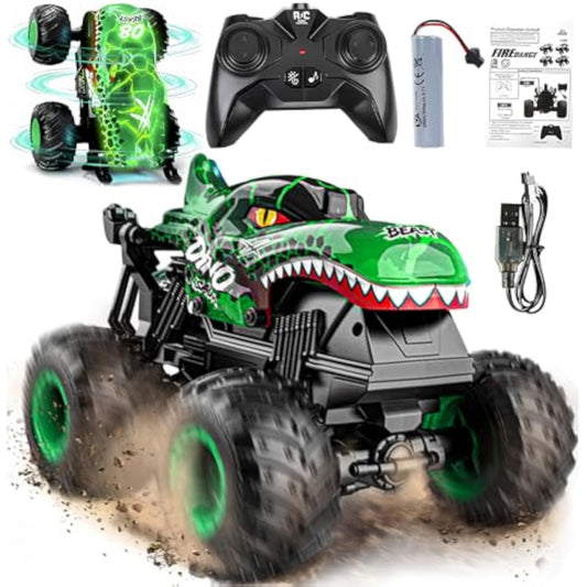 BEZGAR Monster Truck Toys - Remote Control Monster Truck with Light & Music, Dinosaur Toys for Kids, 1:20 Scale RC Truck with 360° Spins and Drifting, Remote Control Car for Boys 4-7 - New