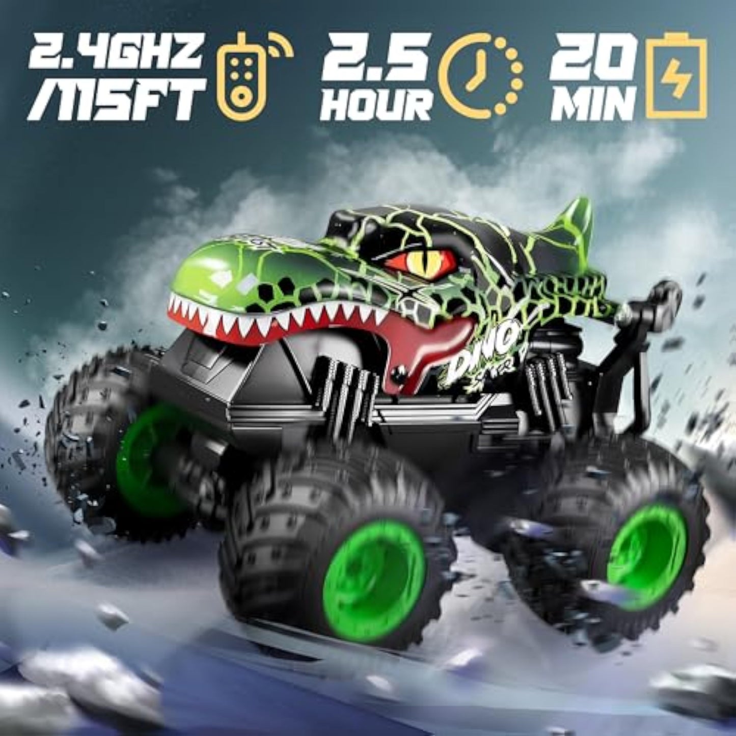 BEZGAR Monster Truck Toys - Remote Control Monster Truck with Light & Music, Dinosaur Toys for Kids, 1:20 Scale RC Truck with 360° Spins and Drifting, Remote Control Car for Boys 4-7 - New
