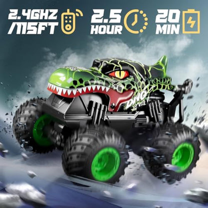 BEZGAR Monster Truck Toys - Remote Control Monster Truck with Light & Music, Dinosaur Toys for Kids, 1:20 Scale RC Truck with 360° Spins and Drifting, Remote Control Car for Boys 4-7 - New