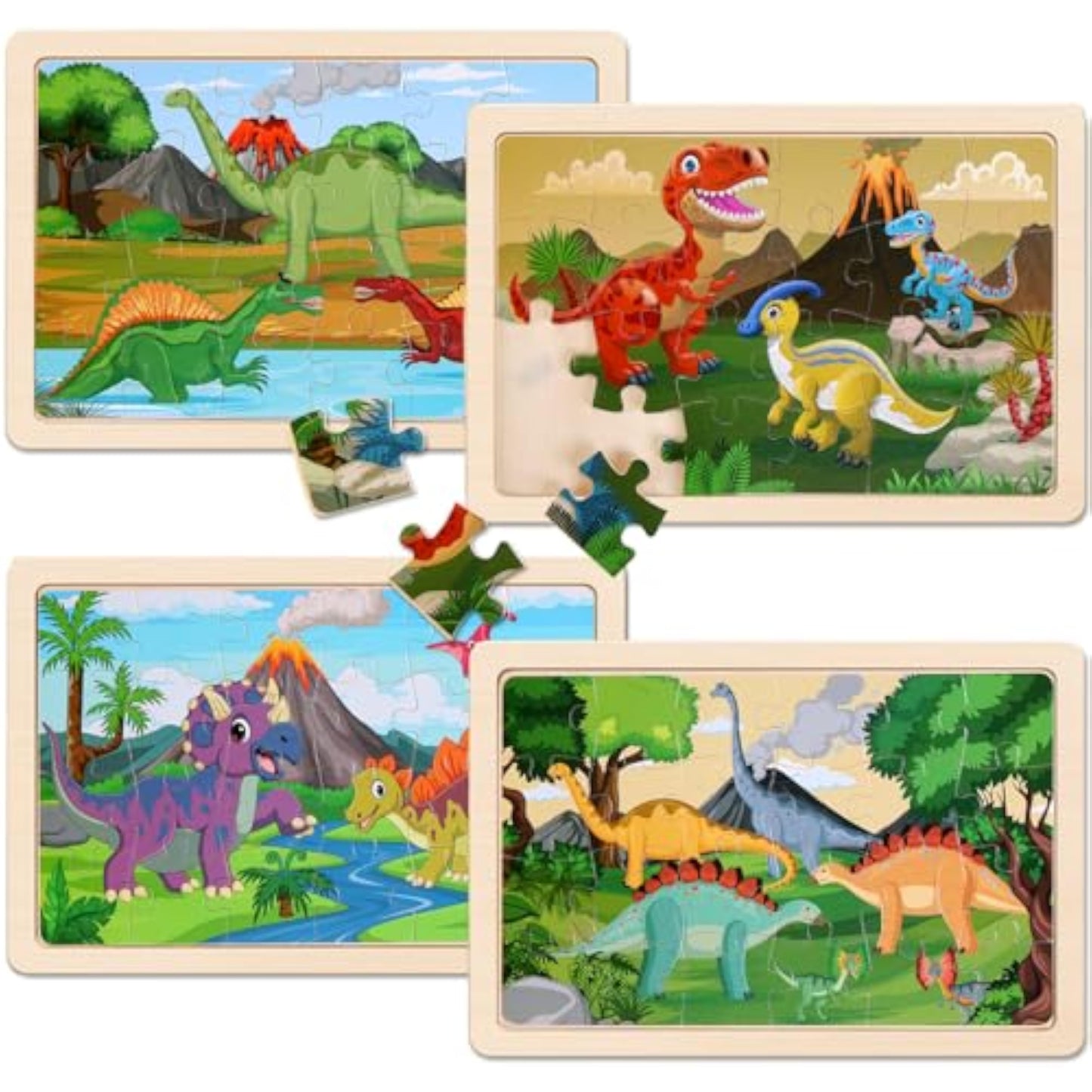 Wooden Puzzles Dinosaur Toys for Kids Ages 3-5, Set of 4 Packs with 20-Piece Wood Jigsaw Puzzles, Preschool Educational Brain Teaser Boards for Boys and Girls 3 4 5 6 Years Old - New