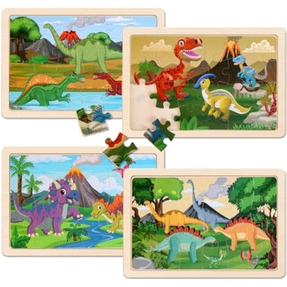 Wooden Puzzles Dinosaur Toys for Kids Ages 3-5, Set of 4 Packs with 20-Piece Wood Jigsaw Puzzles, Preschool Educational Brain Teaser Boards for Boys and Girls 3 4 5 6 Years Old - New