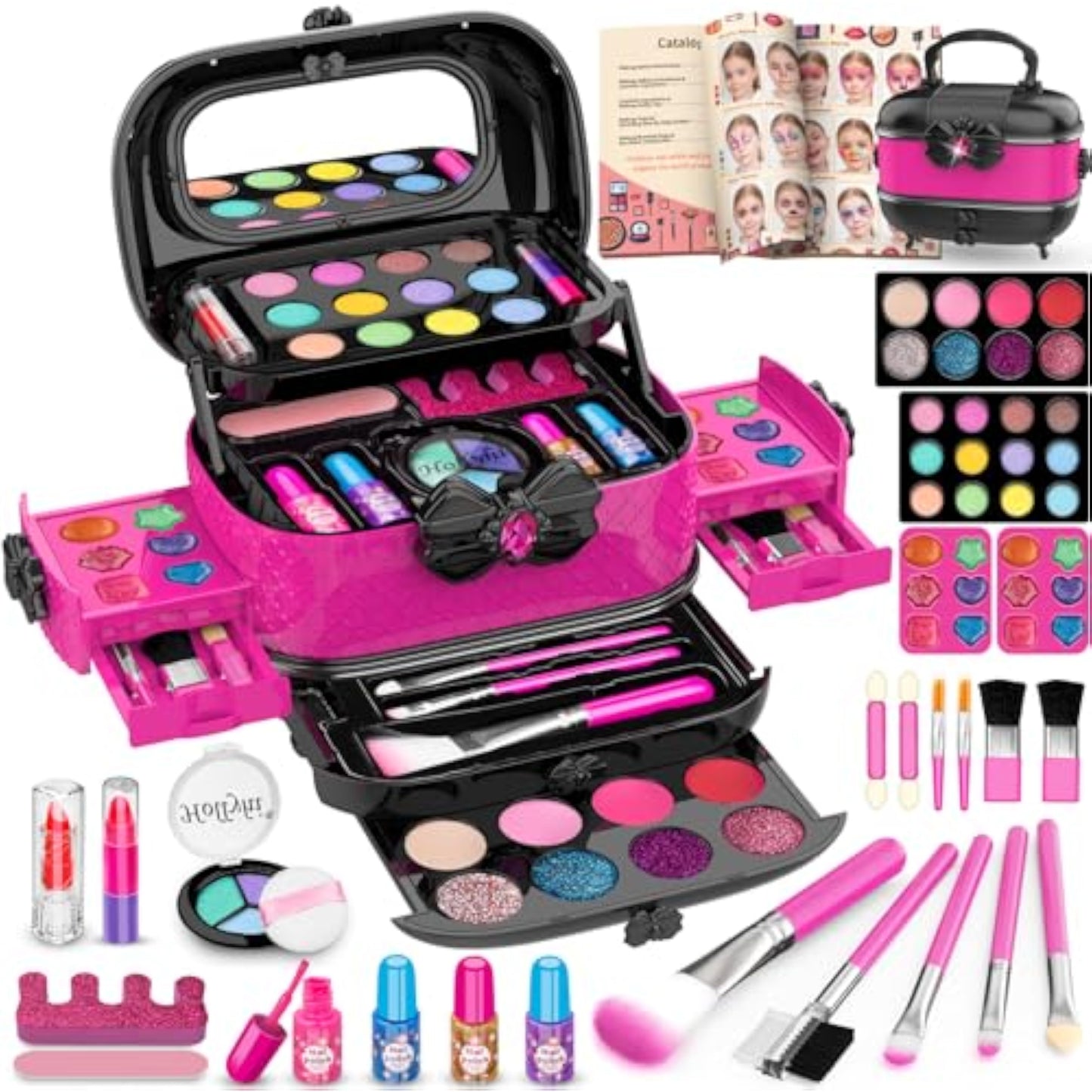 Hollyhi 58 Pcs Kids Makeup Kit for Girl, Princess Toys Real Washable Cosmetic Set with Mirror, Kids Makeup Sets for Girls, Play Make Up Birthday Gifts for 3 4 5 6 7 8 9 10 11 12 Years Old Kid (Rose) - New
