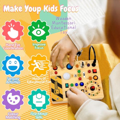 Busy Board with LED Light Switches, Montessori Toys for 1 2 3 Years Old, Toddlers Wooden Toy Sensory Activity Board, Travel Toys for 1+ Year Old Boy & Girl Birthday Gift - New