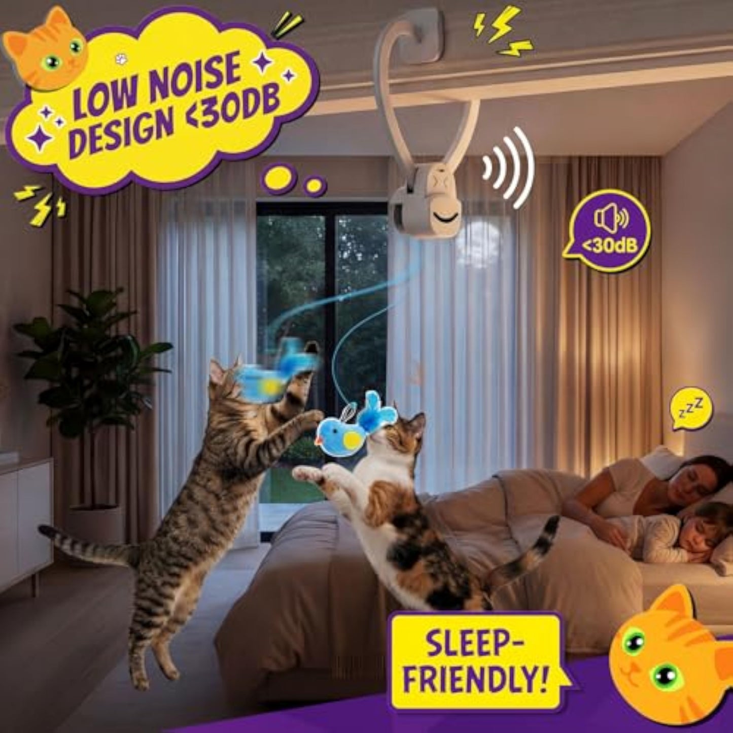 Interactive Cat Toys for Indoor Cats: Automatic Flying Bird Feather Wand Chase Exercise Enrichment Stimulation, USB Rechargeable Durable Safe Hanging Toy for Bored Kittens Adult Multi Cat Households - New