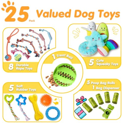 Zeaxuie 25 Pack Luxury Dog Chew Toys for Puppy, Dog Toys with Ropes, Treat Ball and Squeaky Puppy Toys for Teething Small Dogs - New