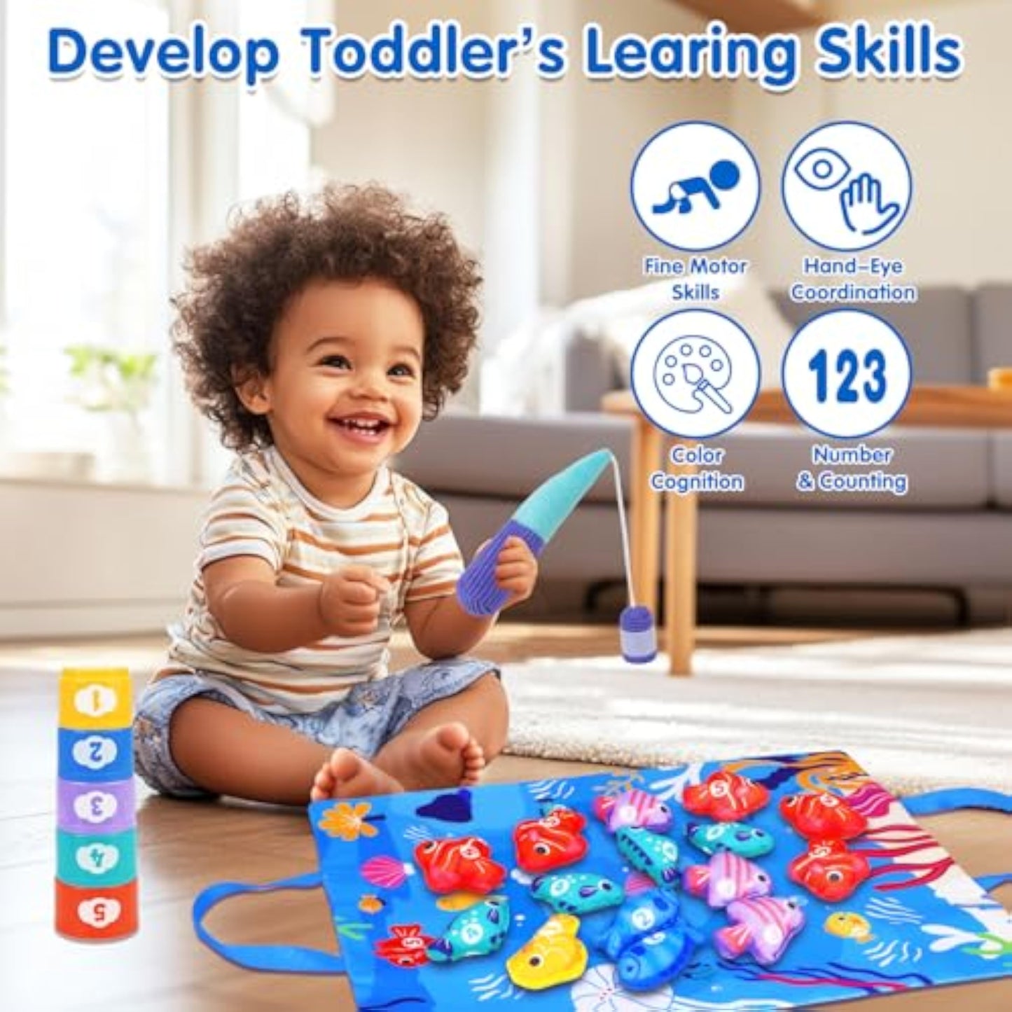 Arovan Montessori Toys for 1 Year Old - Cloth Fishing Game with Stacking Cups Toddler Toys for One Year Old Boy Girl First Birthday Gift - Sorting Learning Baby Toy 12-18 Months 1 2 Year Old - New