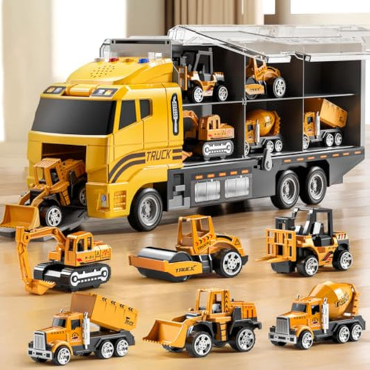 NIPLOOOW Toddler Boys Construction Truck Vehicle Toy Set with Play Mat and Die-Cast Toy Car, Transport Carrier Truck for Kids 3-5, Birthday Gifts Toys for 3-8 Year Old Boys - New
