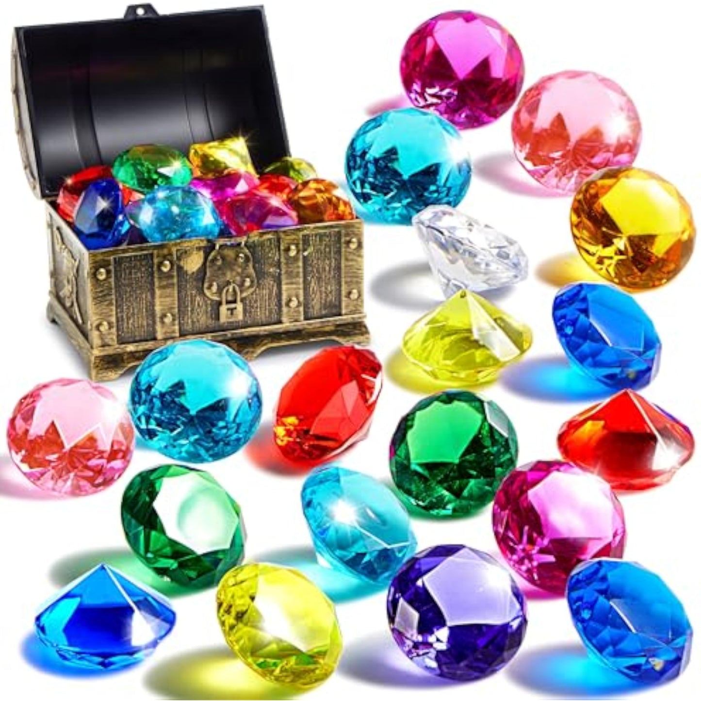 Sloosh Diving Gems Pool Toys, 16 Big Colorful Diamond with Pirate Treasure Chest,Swim Dive Toy for Kids Underwater Gemstone Swimming Training Gift Water Pool Games(Gold) - New