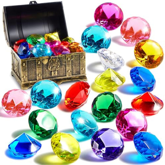 Sloosh Diving Gems Pool Toys, 16 Big Colorful Diamond with Pirate Treasure Chest,Swim Dive Toy for Kids Underwater Gemstone Swimming Training Gift Water Pool Games(Gold) - New