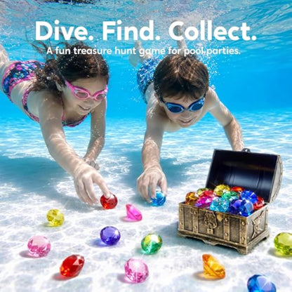 Sloosh Diving Gems Pool Toys, 16 Big Colorful Diamond with Pirate Treasure Chest,Swim Dive Toy for Kids Underwater Gemstone Swimming Training Gift Water Pool Games(Gold) - New