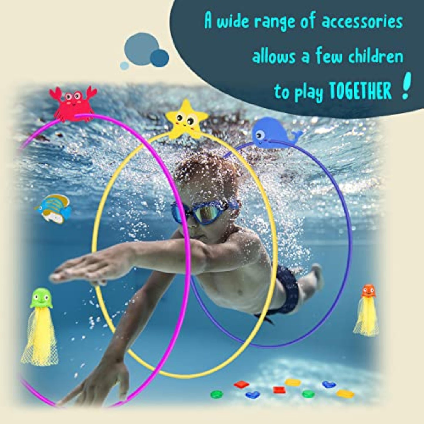 DAUXONE Diving Toys, 27 Pcs Pool Toys with Swim Thru Rings for Kids Age 3-12, Dive Sticks, Rings, Gem, Octopus, Torpedo, Mesh Bag Include - New