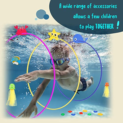 DAUXONE Diving Toys, 27 Pcs Pool Toys with Swim Thru Rings for Kids Age 3-12, Dive Sticks, Rings, Gem, Octopus, Torpedo, Mesh Bag Include - New