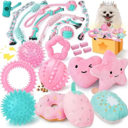XIUGOAL Pink Puppy Toys for Boredom - 23 Pack Puppy Chew Toys for Teething, Interactive Dog Toys for Puppies, Cute Small Dog Toys with Treat Ball, Squeaky Dog Chew Toys and Ropes - New