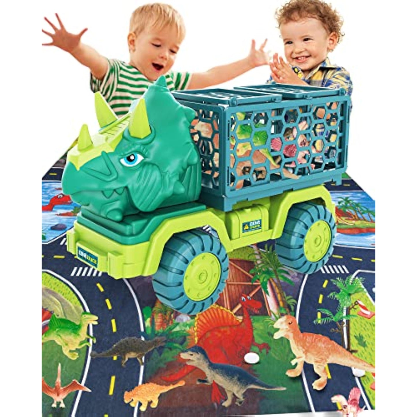 Dinosaur Truck Toys for Kids 3-5, Triceratops Car Toy with 15 Dino Figures,Large Activity Play Mat, Dinosaur Eggs, Dinosaur Play Set for Boys and Girls,Christmas Xmax,Stocking Stuffers - New