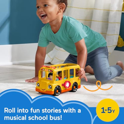 Fisher-Price Little People Toddler Toy School Bus Musical Push-Along Vehicle with 2 Figures for Pretend Play Ages 1+ Years - New