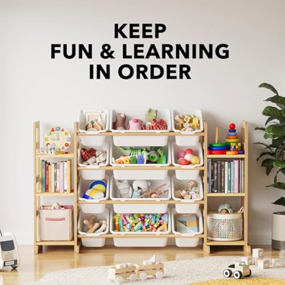 SpaceAid Toy Storage Organizer with 6 Shelves and 12 Bins, Bookshelf/Bookcase, Kids Bin Shelf, Toys Box for Playroom Organization for Bedroom & Room Decor, White, 52.3" W - New