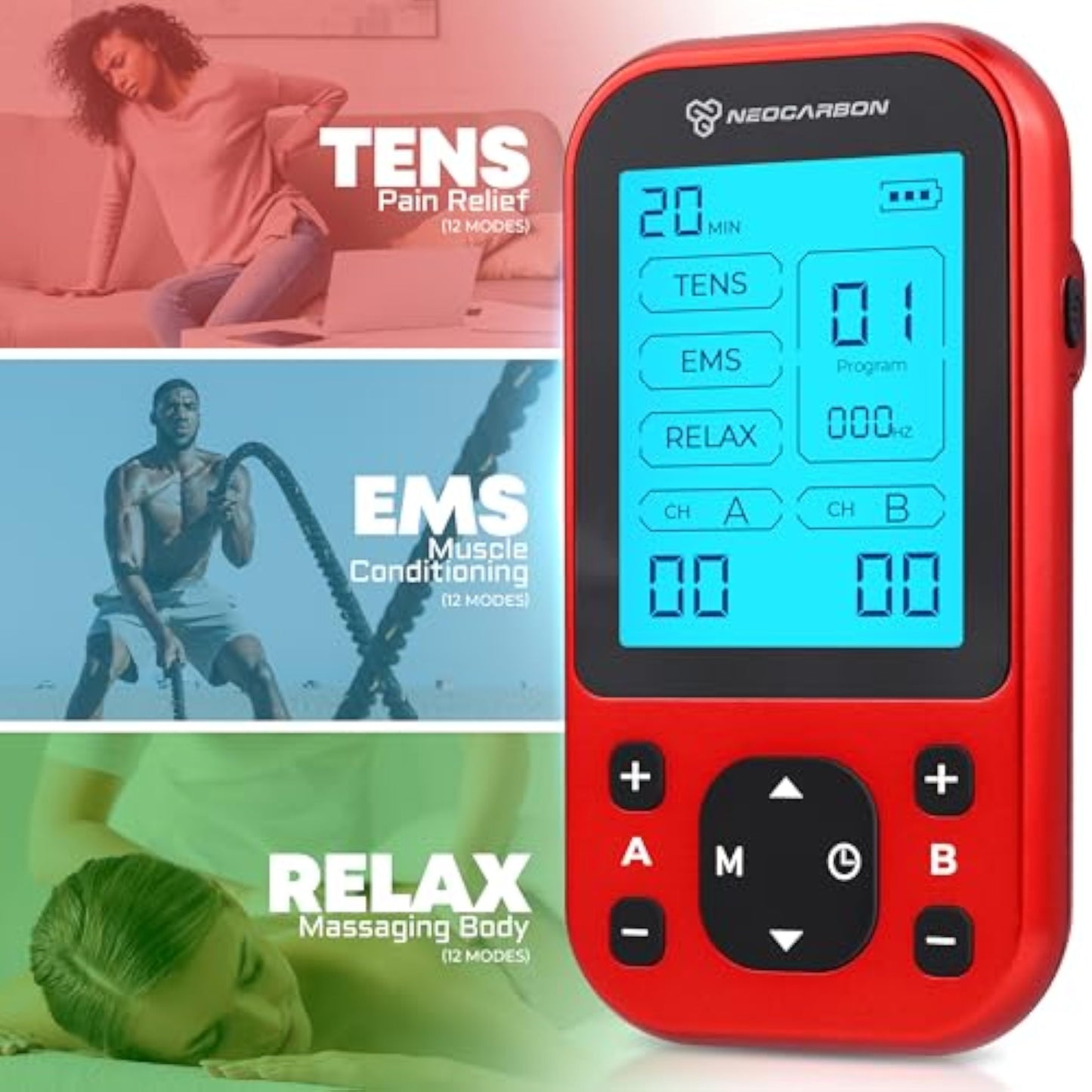 NEOCARBON TENS Unit Muscle Stimulator Pro for Back Pain Relief, Shoulder Recovery and Physical Therapy, Electronic Massager Machine with PMS Pulse for Effective Shock Therapy, Red - New