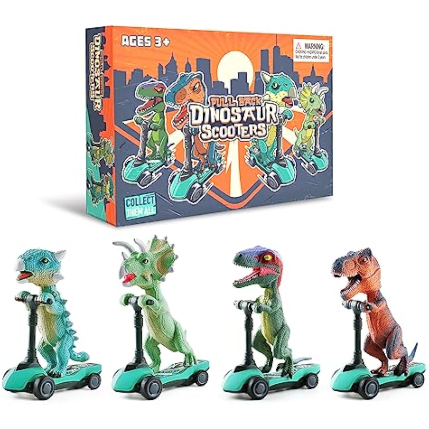 DINOBROS Dinosaur Scooter Toys Pull Back Cars Mini Finger Kick Scooters Boy Toy Age 3 4 5 6, Dino Gift Sets for Kids 4-Pack - New
