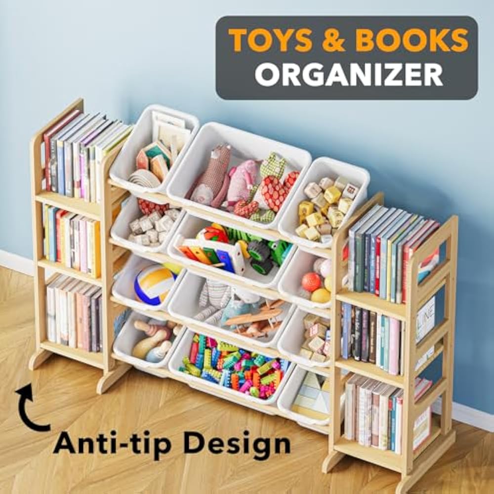 SpaceAid Toy Storage Organizer with 6 Shelves and 12 Bins, Bookshelf/Bookcase, Kids Bin Shelf, Toys Box for Playroom Organization for Bedroom & Room Decor, White, 52.3" W - New