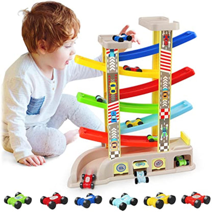 Montessori Toys for 2 3 Year Old Boys Toddlers, Car Ramp Toys with 6 Cars & Race Tracks, Garages and Parking Lots, Ramp Racer Toy Gift for Boys Girls Age 18 Months and Up, Multicolor - New