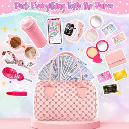 Oisacirg Play Purse for Little Girls, 32PCS Toddler Purse with Pretend Makeup for Kids, Princess Toys Includes Handbag, Phone, Wristwatch, Silk Scarf Kids Toy Purse Birthday Gift for Girls 3 4 5 6 + - New