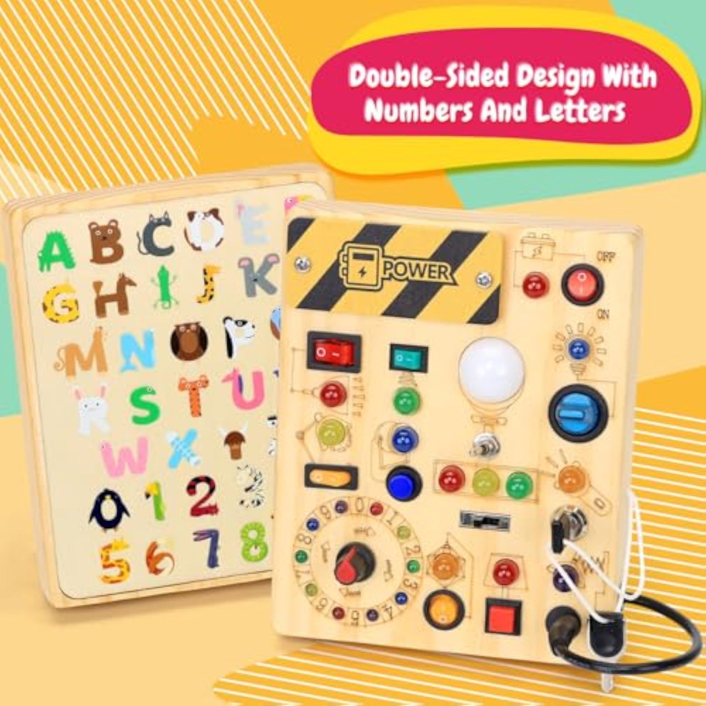 Busy Board with LED Light Switches, Montessori Toys for 1 2 3 Years Old, Toddlers Wooden Toy Sensory Activity Board, Travel Toys for 1+ Year Old Boy & Girl Birthday Gift - New