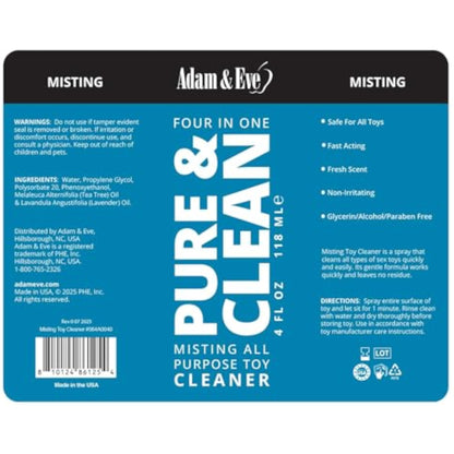 Adam & Eve Sex Toy Cleaner, 4 In 1 Pure And Clean Misting Spray, Fast Acting Misting Spray For Adult Toys, Vibrators, Dildos, Fresh Scent, Water Based Formula Perfect for Gifting, No Residue, 4 oz - New