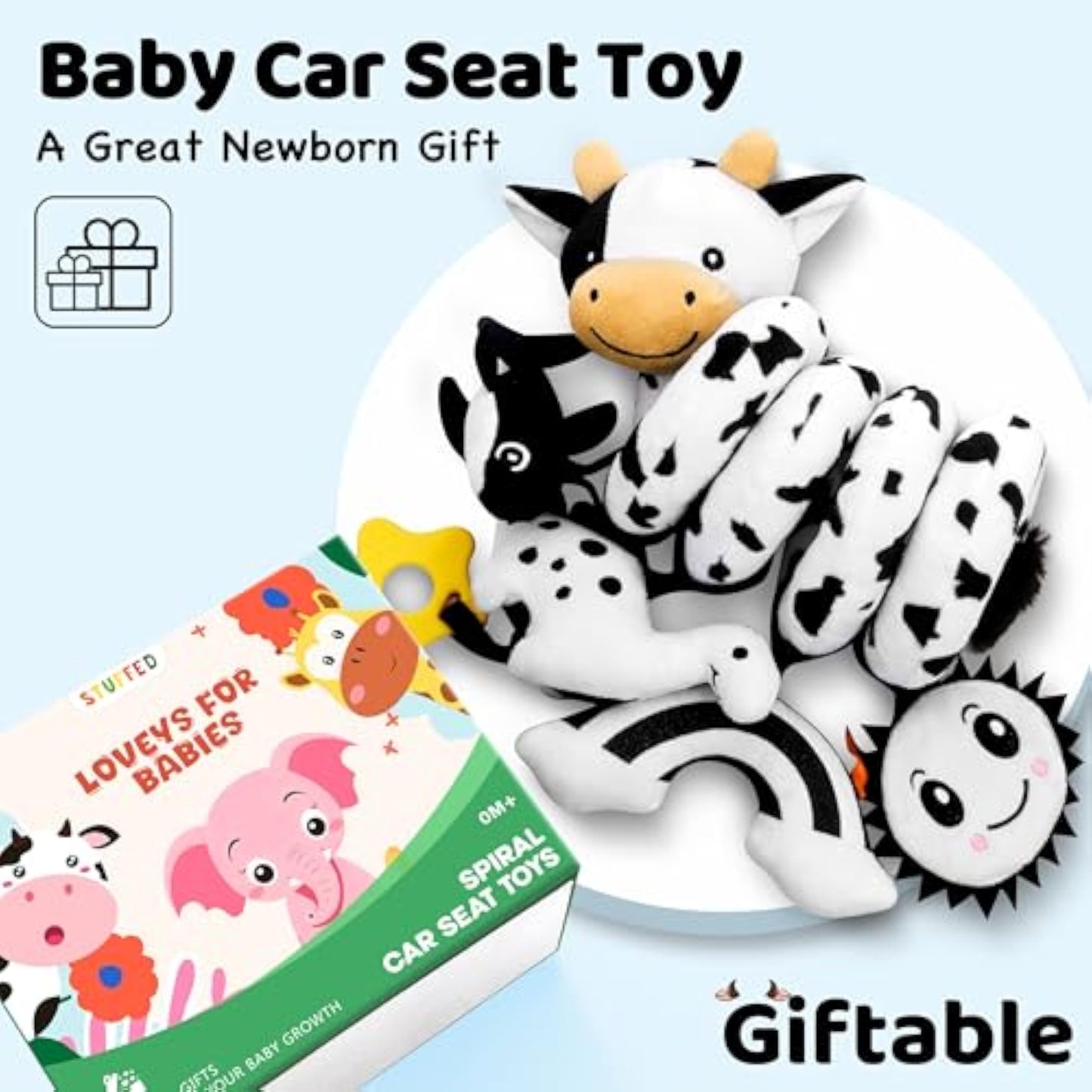 Spiral Car Seat Baby Toys 0-6 Months, Infant Carseat High Contrast Sensory Toys Hanging Stroller Accessories, Newborn Shower Gifts for Baby Boys Essentials Stuff, Cute Black and White Cow - New