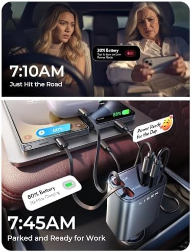 LISEN Retractable Car Charger, 84W Car Charger USB C Fast Charger Adapter for iPhone, Car Accessories for Men Women, Birthday Gifts for Fathers Day for Men Dad Husband, for iPhone 17 16 15 14 13 12 11 - New