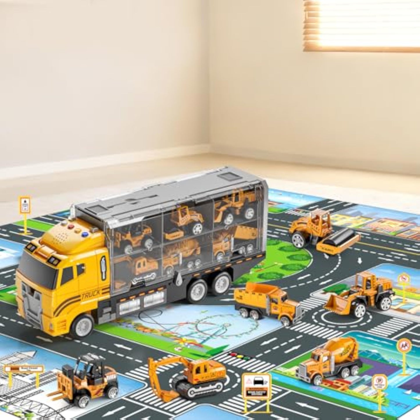 NIPLOOOW Toddler Boys Construction Truck Vehicle Toy Set with Play Mat and Die-Cast Toy Car, Transport Carrier Truck for Kids 3-5, Birthday Gifts Toys for 3-8 Year Old Boys - New