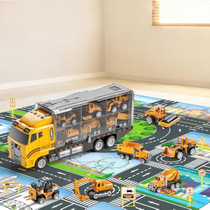 NIPLOOOW Toddler Boys Construction Truck Vehicle Toy Set with Play Mat and Die-Cast Toy Car, Transport Carrier Truck for Kids 3-5, Birthday Gifts Toys for 3-8 Year Old Boys - New