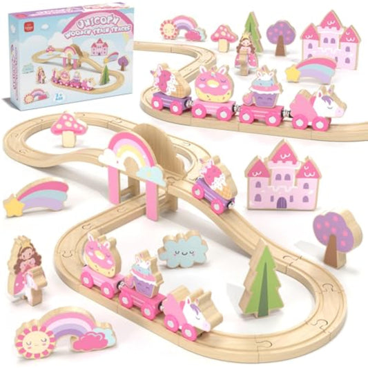 Lehoo Castle Wooden Train Set - Unicorn Train Set for Toddlers 2-4, Wooden Train Track Toddler Girl Toys, Pink Train Fantasy Toys for 3 4 5 6 7 Year Old Girl - New